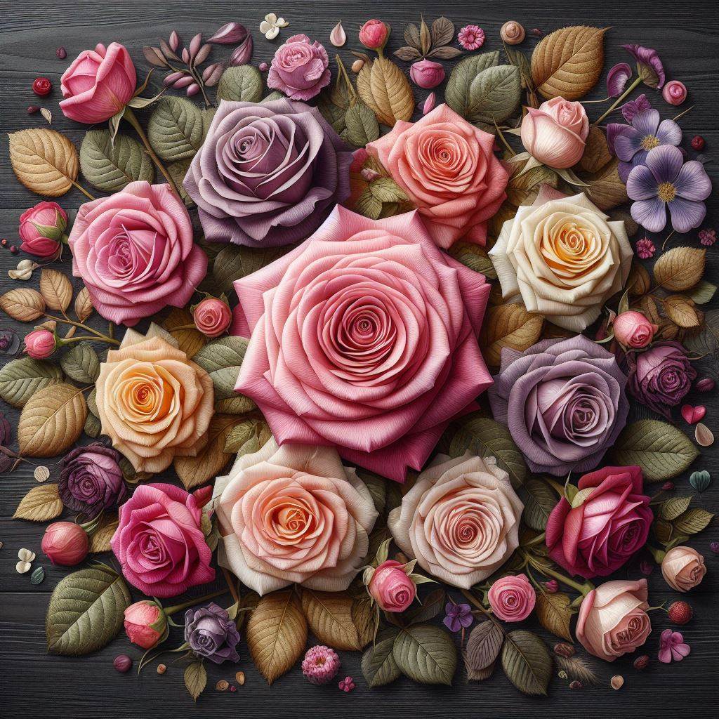 تصویری از چندین گل رز رنگارنگ در یک قاب